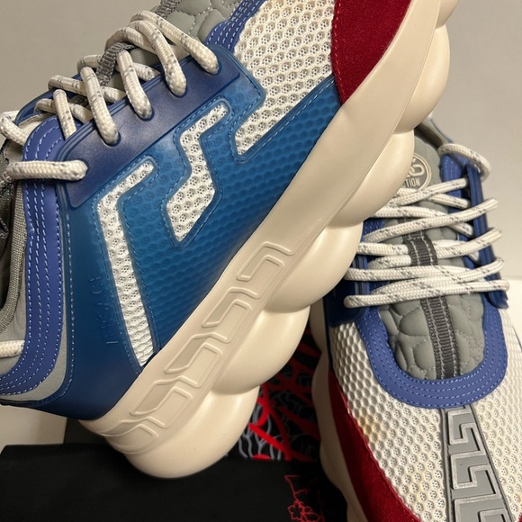 Versace Chain Reaction Platform Low Top Sneakers Blue Red Size 9.5 42.5 Repl Box - Picture 11 of 12